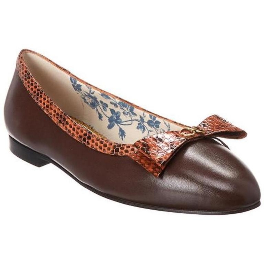 Gucci Yva Leather Ballet Flats with Snakeskin Bow in Cocoa